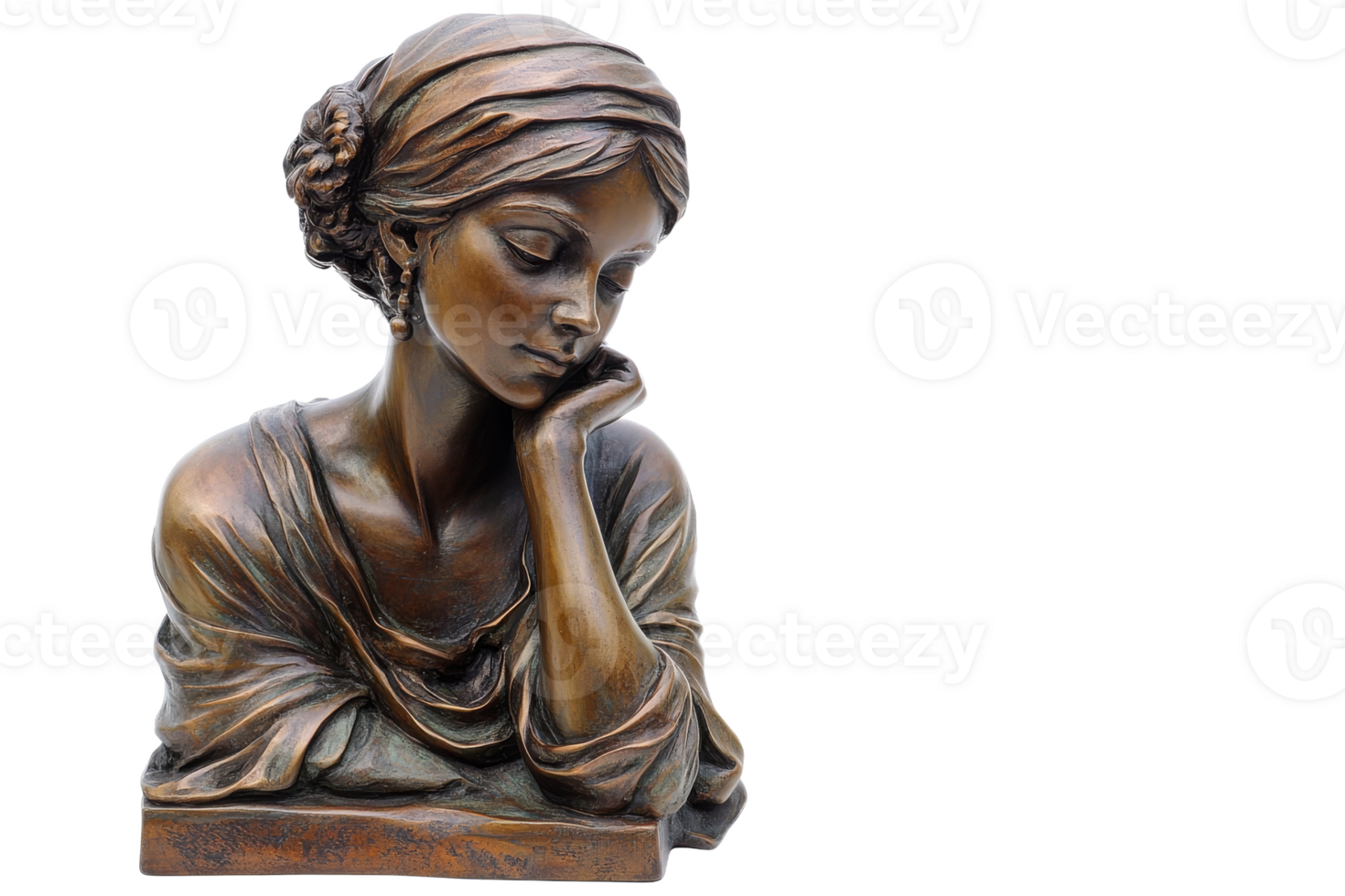 Bronze sculpture of a pensive woman, cut out transparent png