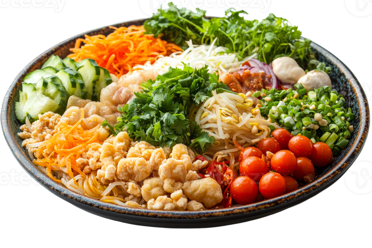 Asian noodle bowl with fresh ingredients, vibrant colors, cut out transparent png
