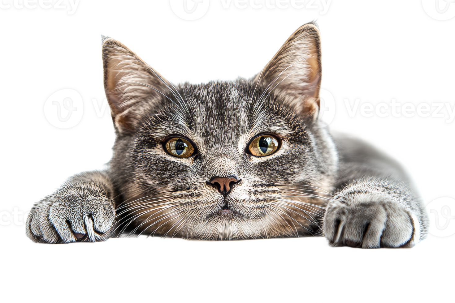 Grey tabby cat with green eyes peers over edge, cut out transparent png