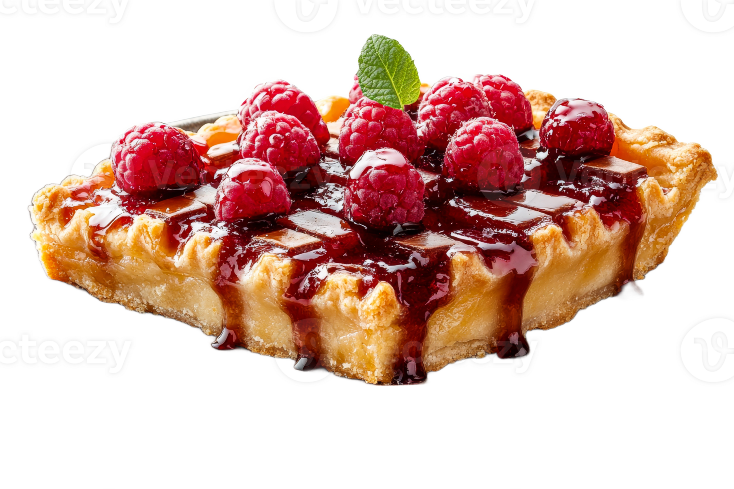 Raspberry pie slice with chocolate glaze, cut out transparent png
