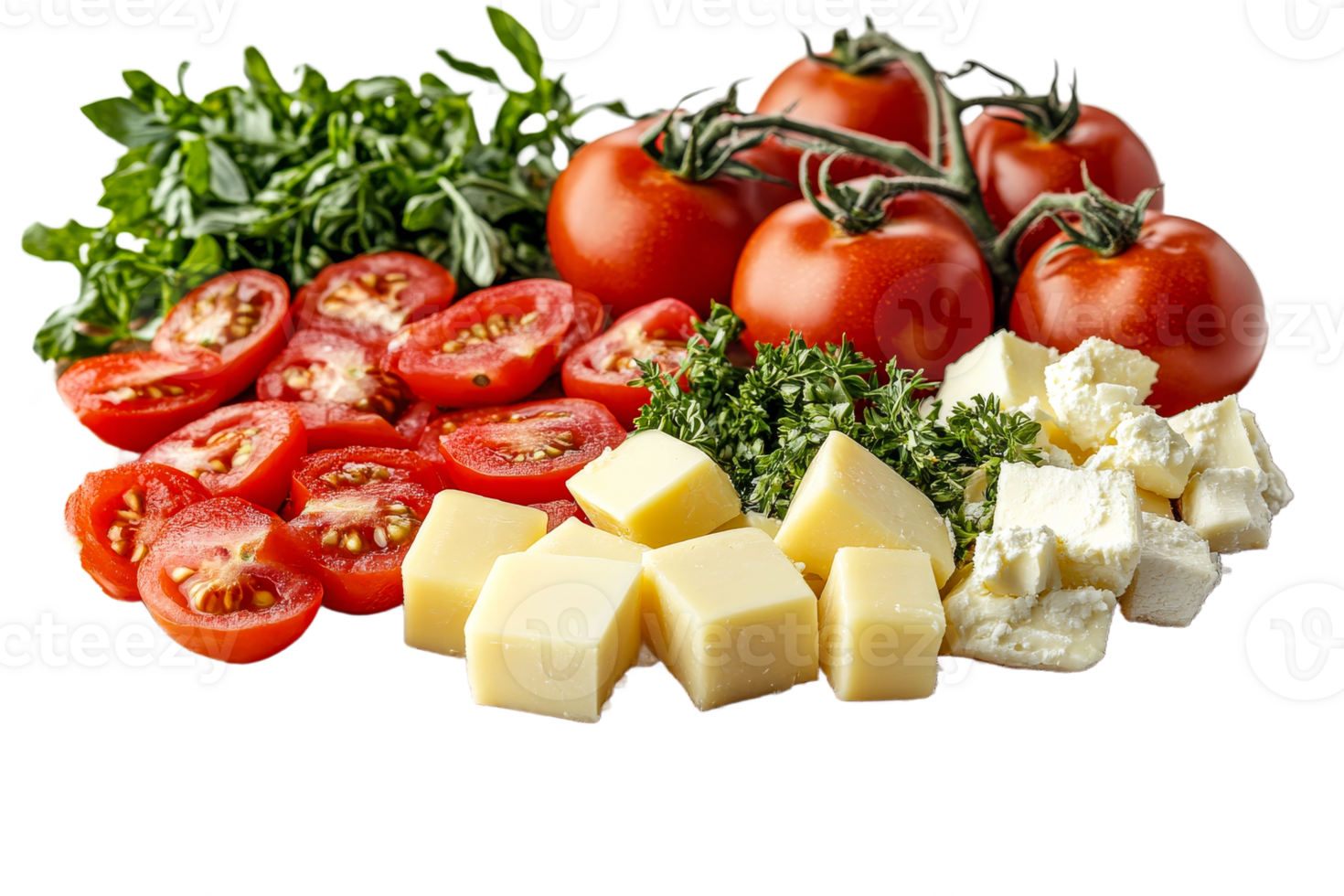 Fresh tomatoes, cheese, salad ingredients, cut out transparent png