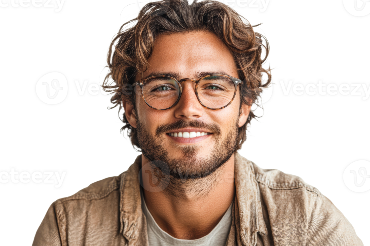 Man with beard and glasses smiles at the camera, cut out transparent png