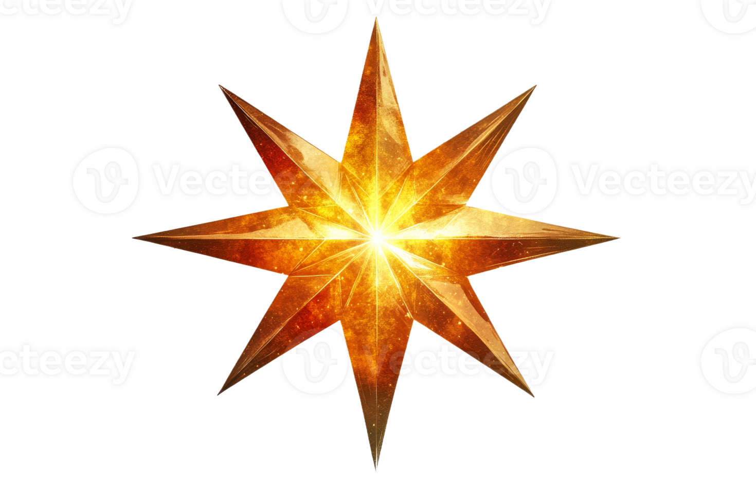 Shiny eight-pointed star in golden light, glow, on black, cut out transparent png