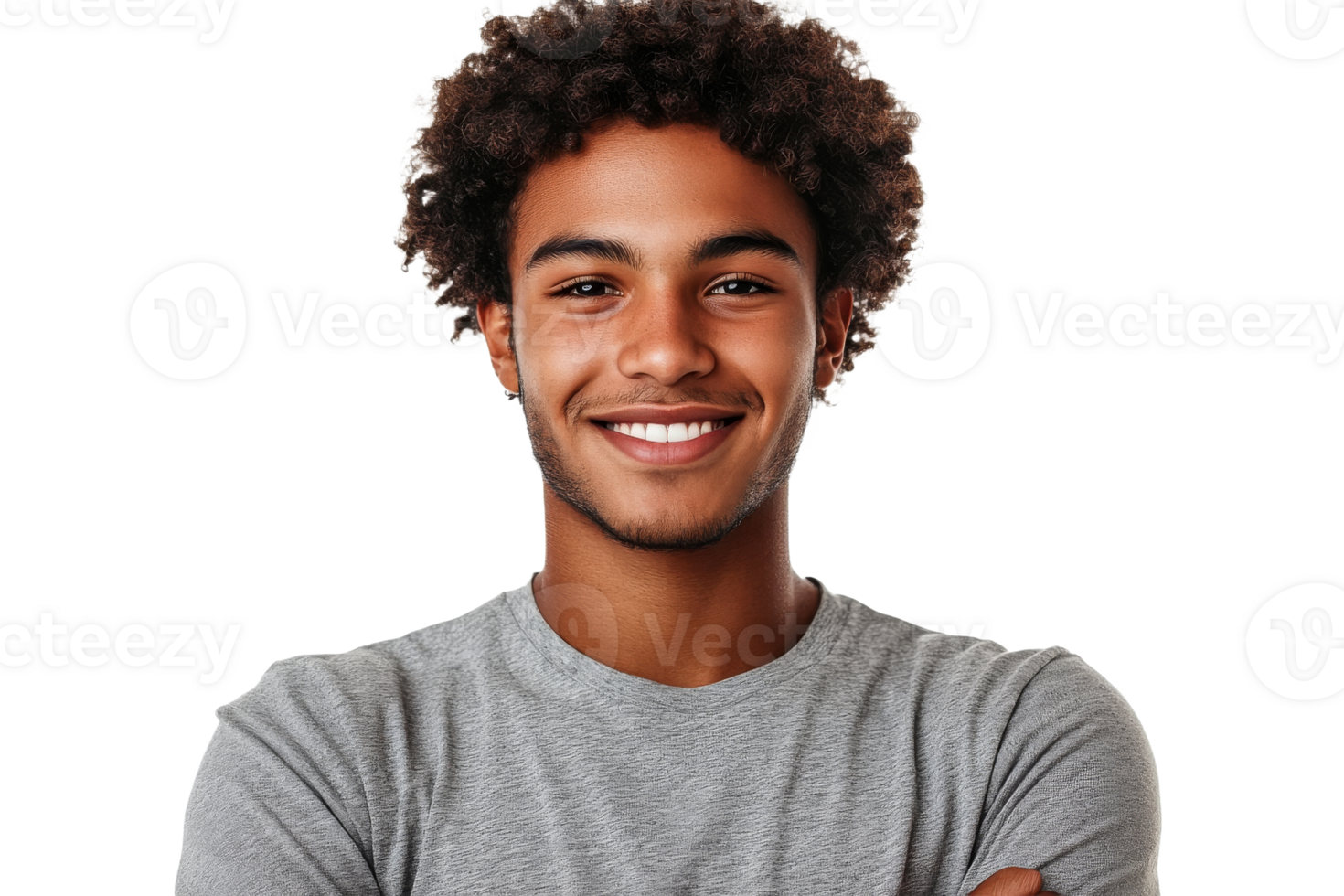 Smiling young man with curly hair and gray t-shirt, cut out transparent png