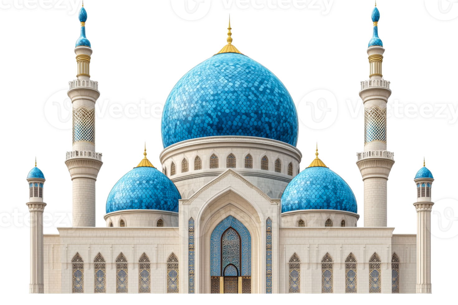 Mosque with Blue Domes and Minarets, Muslim Architecture, cut out transparent png