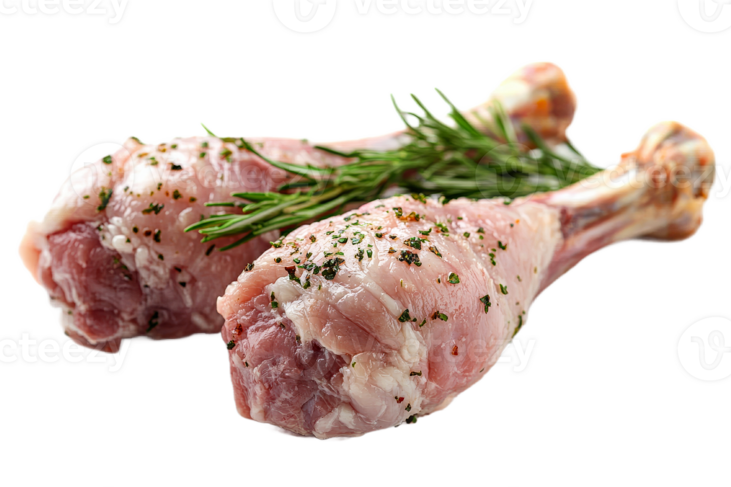 Raw chicken drumsticks with rosemary, spices on black, cut out transparent png
