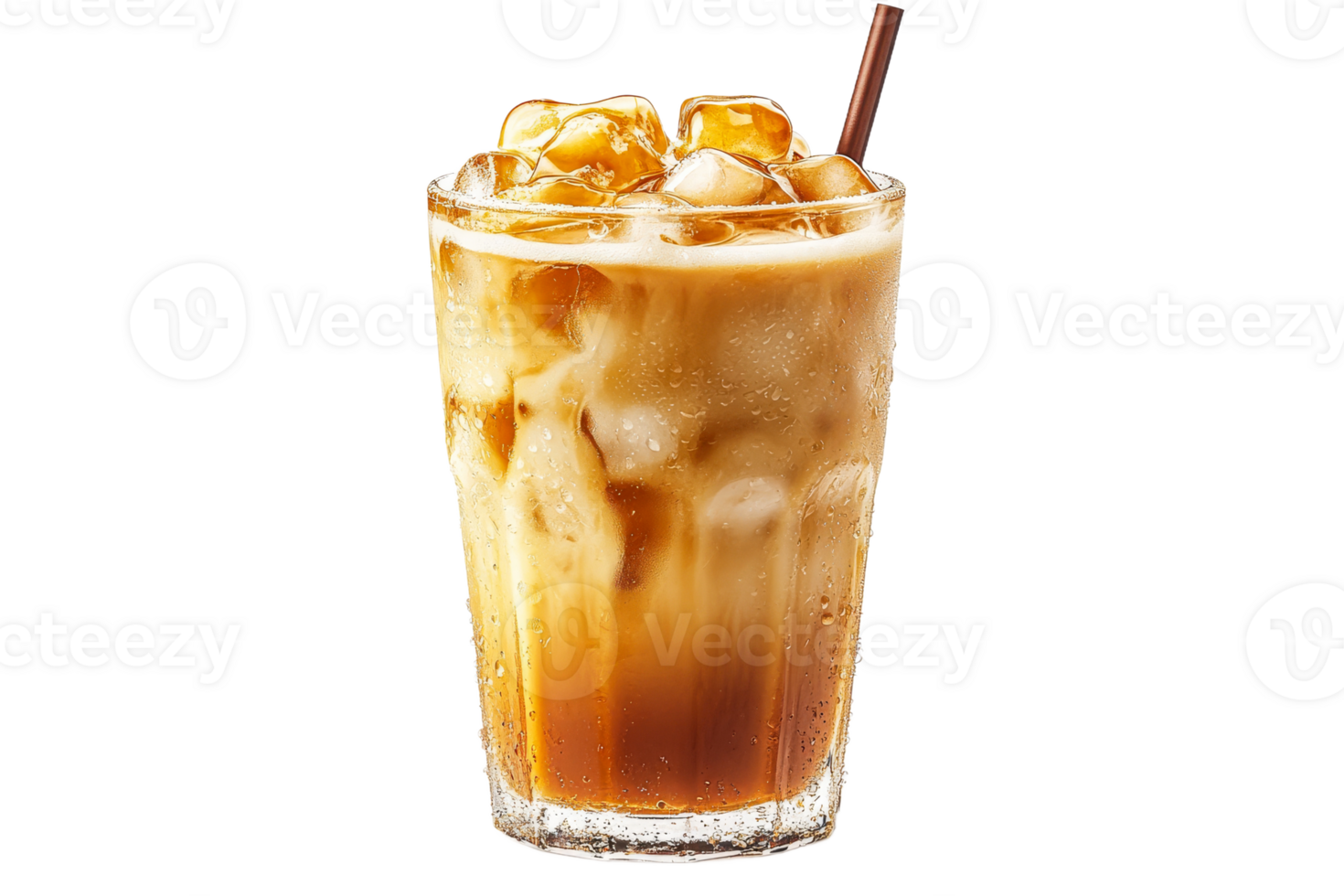 Caramel ice coffee drink with straw, refreshment on black, cut out transparent png