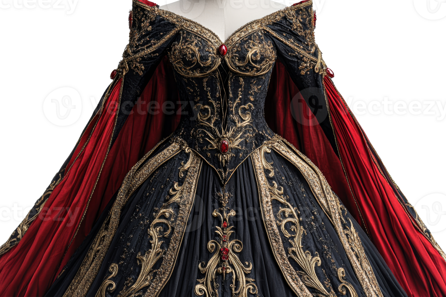 Ornate black and gold gown with red cape, cut out transparent png