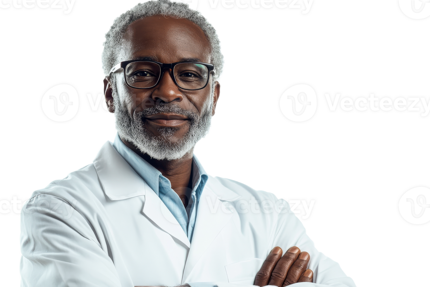 Physician with glasses in lab coat, studio portrait, arms crossed, cut out transparent png
