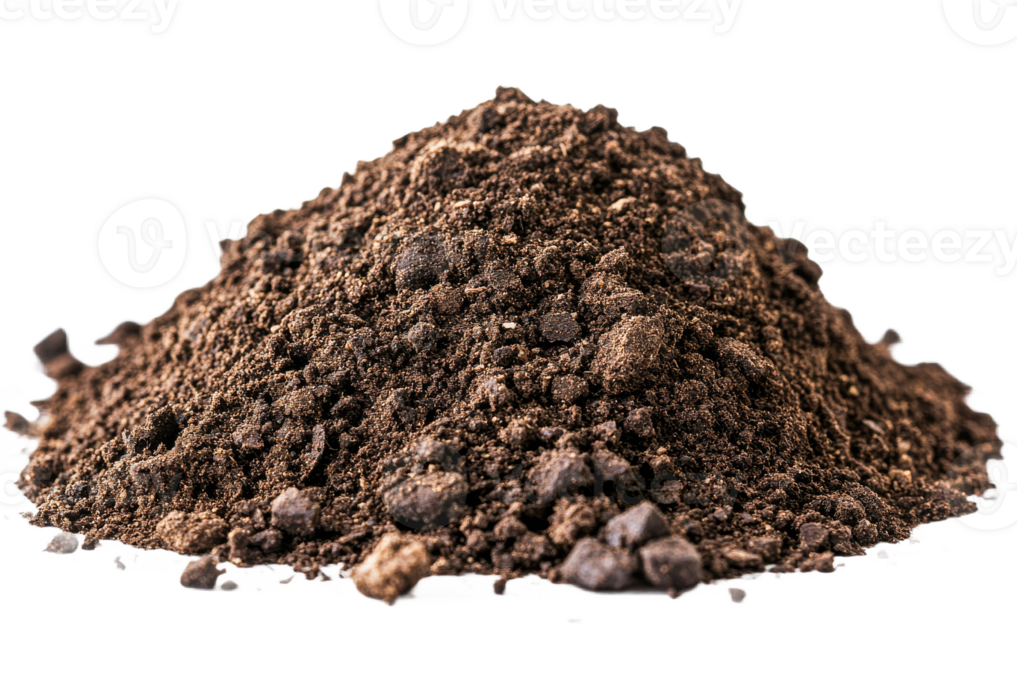 Heap of dark brown soil isolated on black background, cut out transparent png