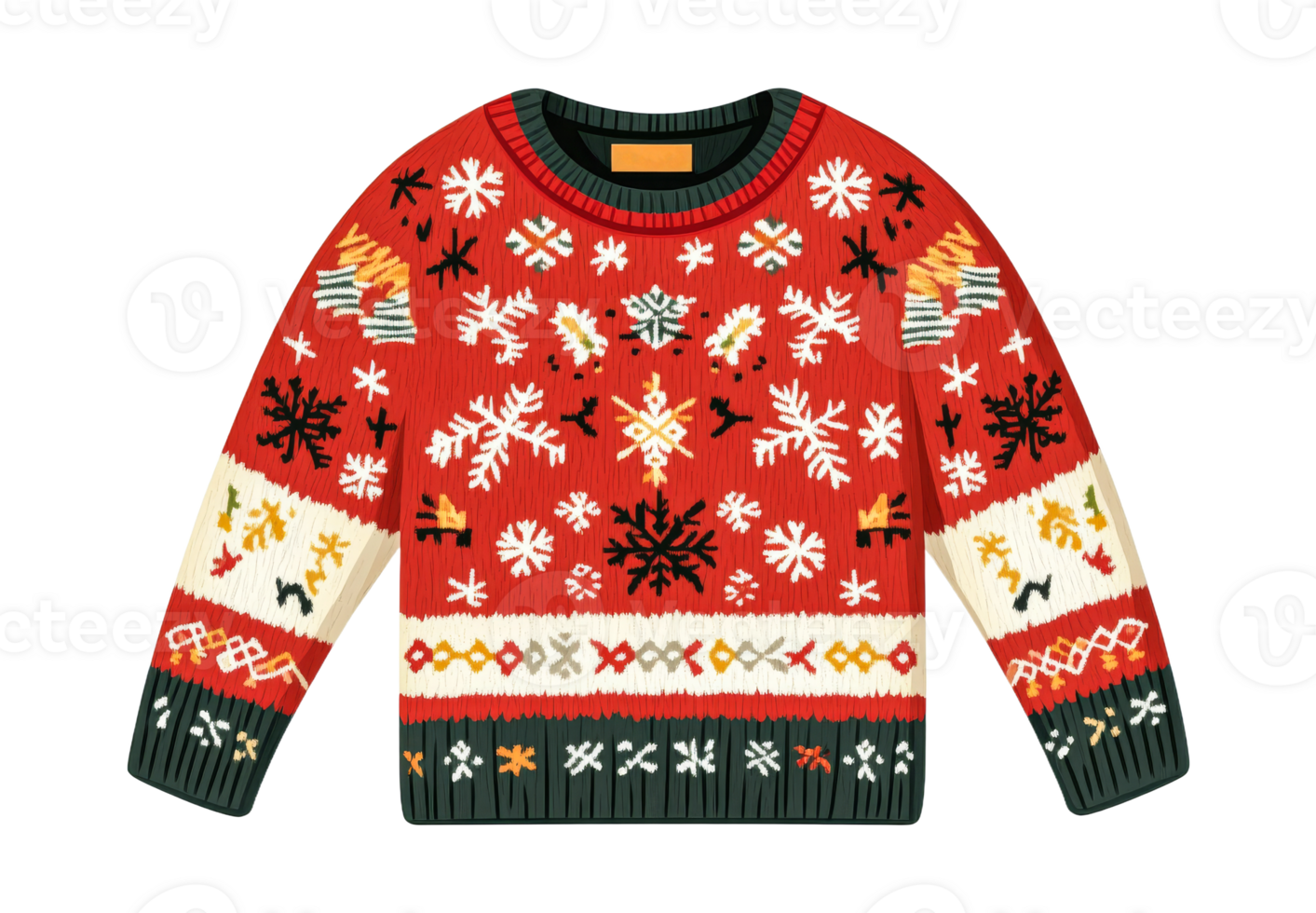 Ugly Christmas sweater with snowflakes pattern, knitted fabric, cut out transparent png