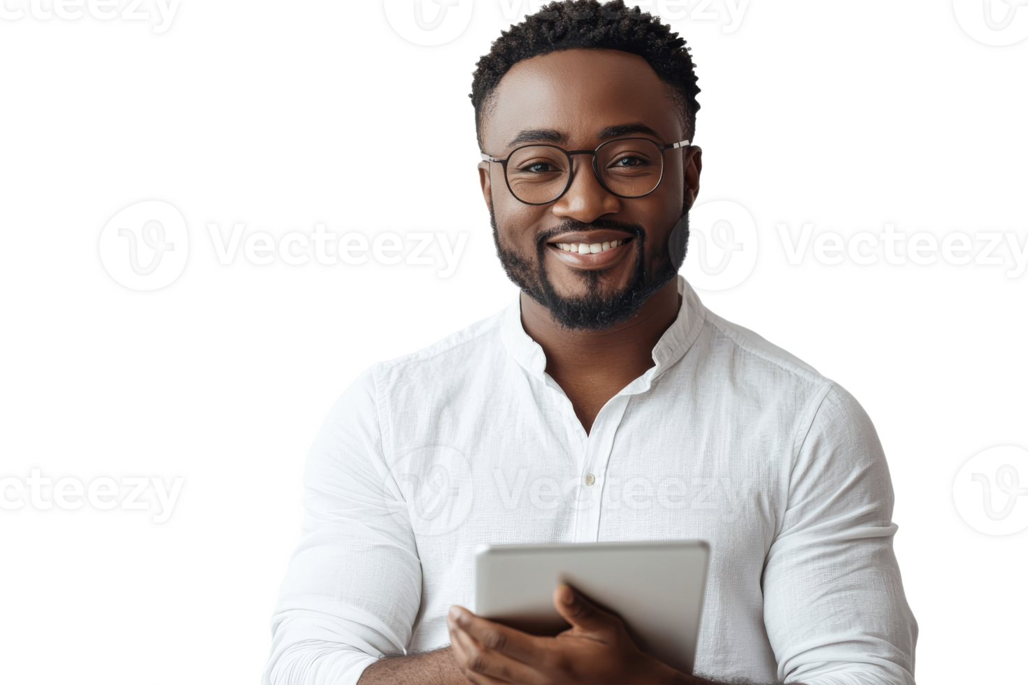 Smiling man with tablet in white shirt, cut out transparent png