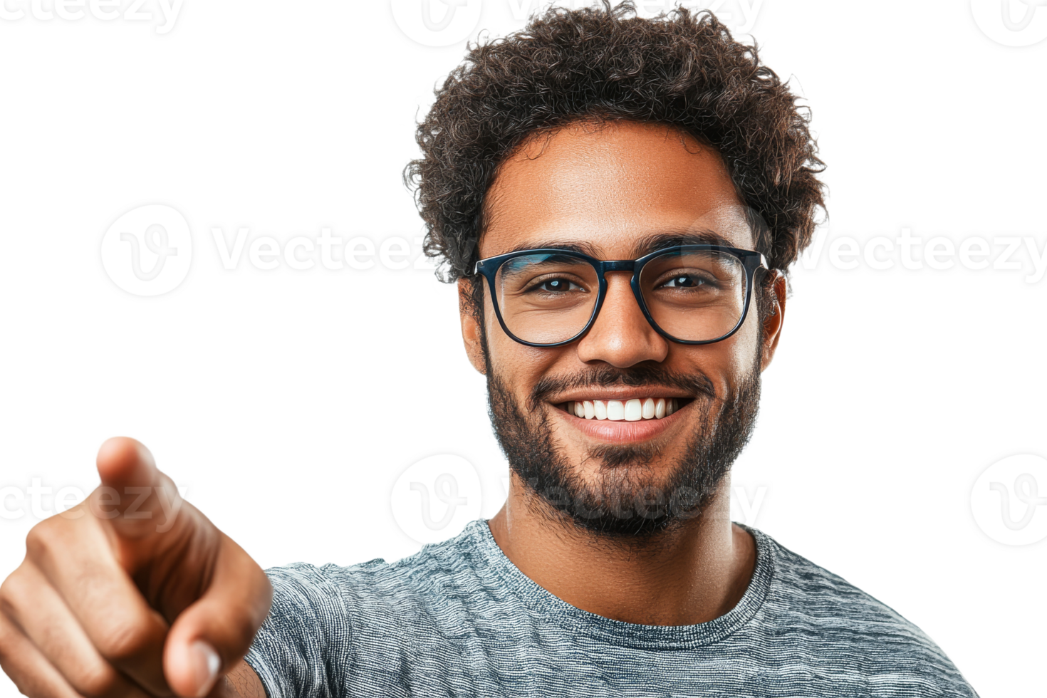 Cheerful man pointing at camera, cut out transparent png