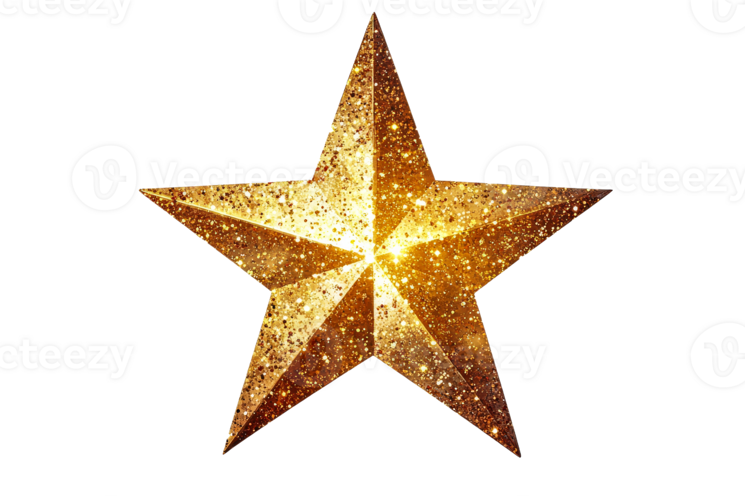 Golden glittering five-pointed star object, isolated over black background, cut out transparent png