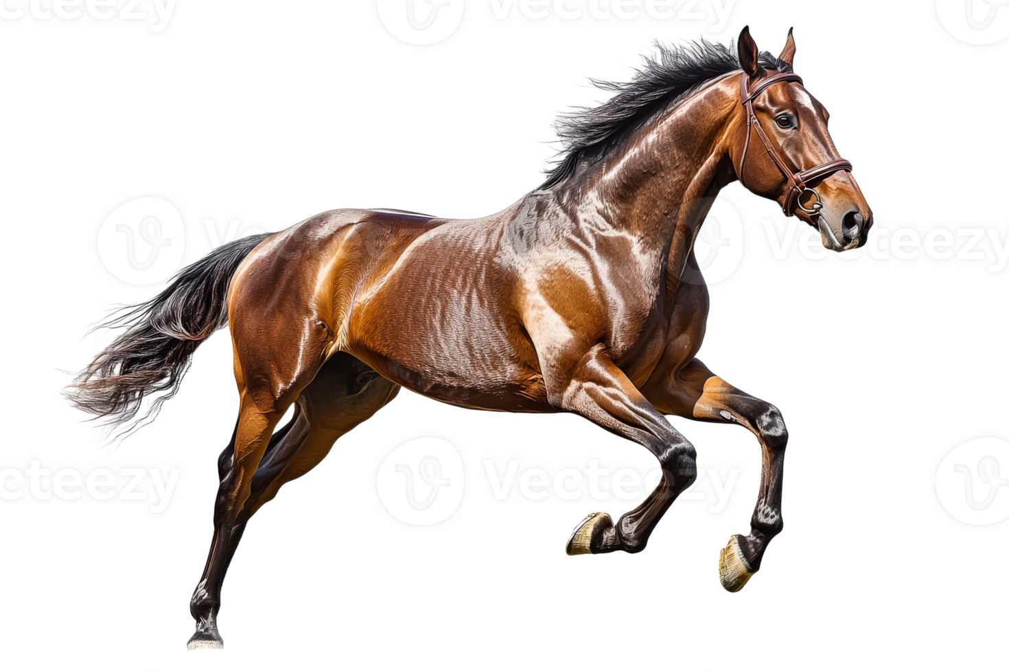 Running brown horse with bridle, free-spirited, dynamic movement , cut out transparent png