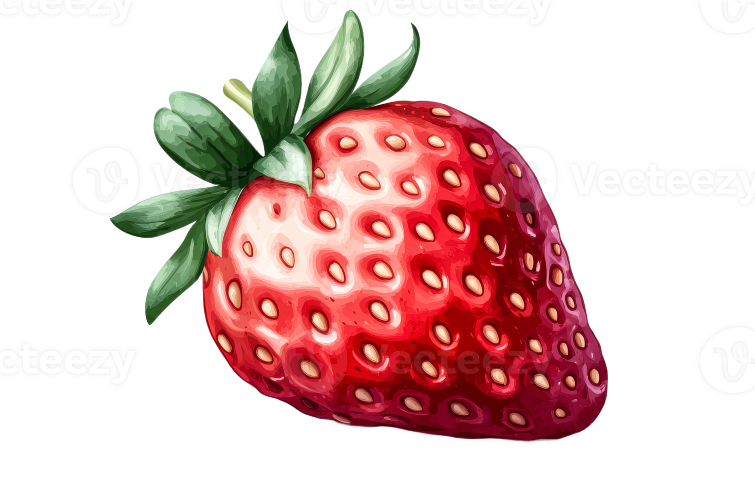 Ripe red strawberry with green leaves, juicy detailed , cut out transparent png