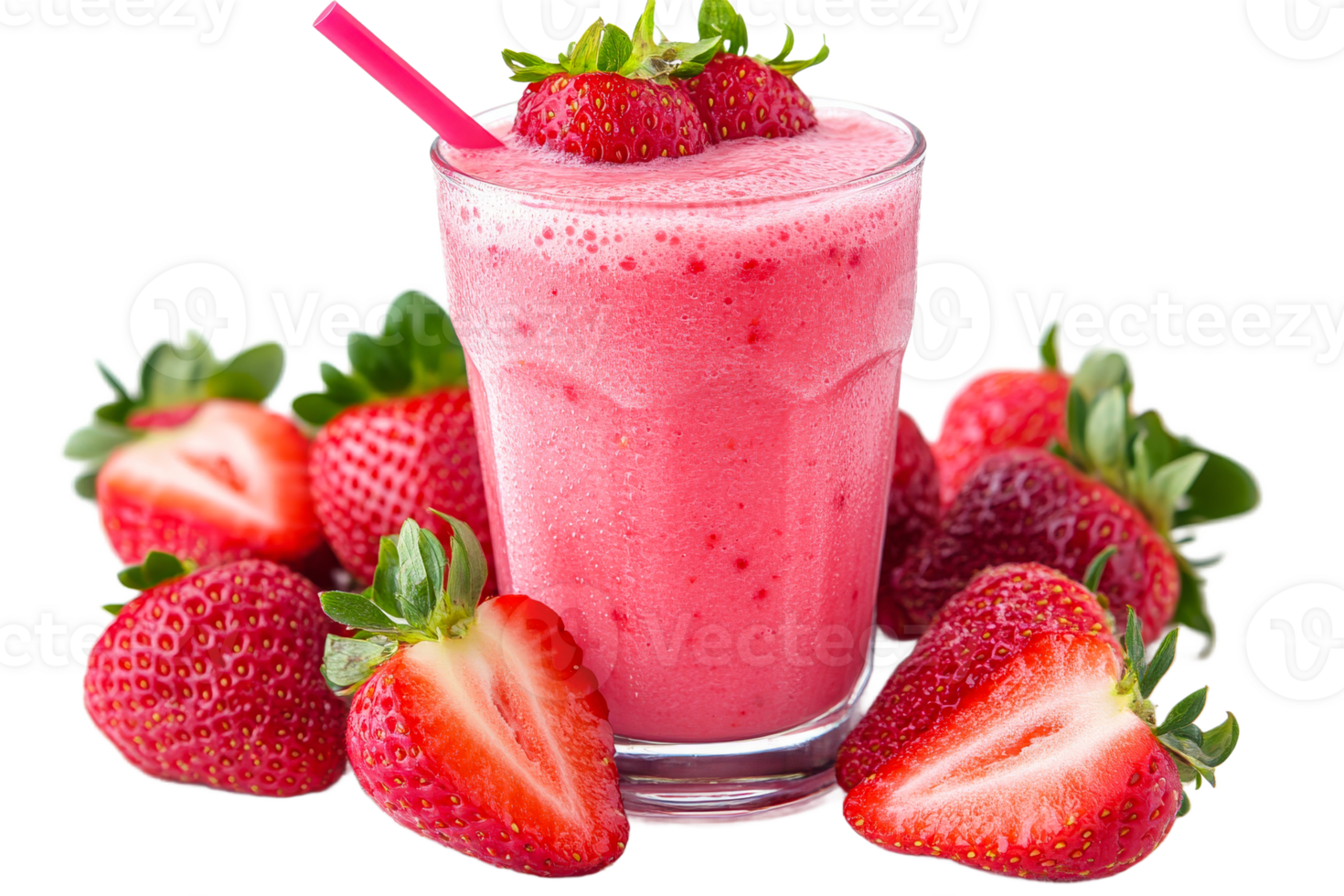 Strawberry smoothie surrounded by berries, a refreshing beverage, cut out transparent png