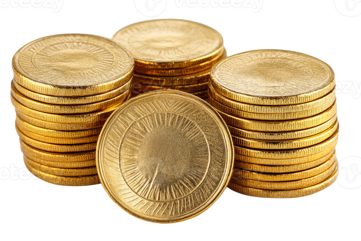Golden chocolate coins with ornaments in stacks, cut out transparent png