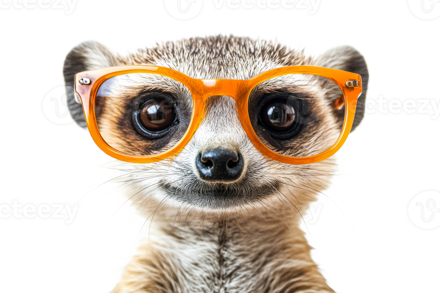 Meerkat with orange glasses looking at camera, cut out transparent png