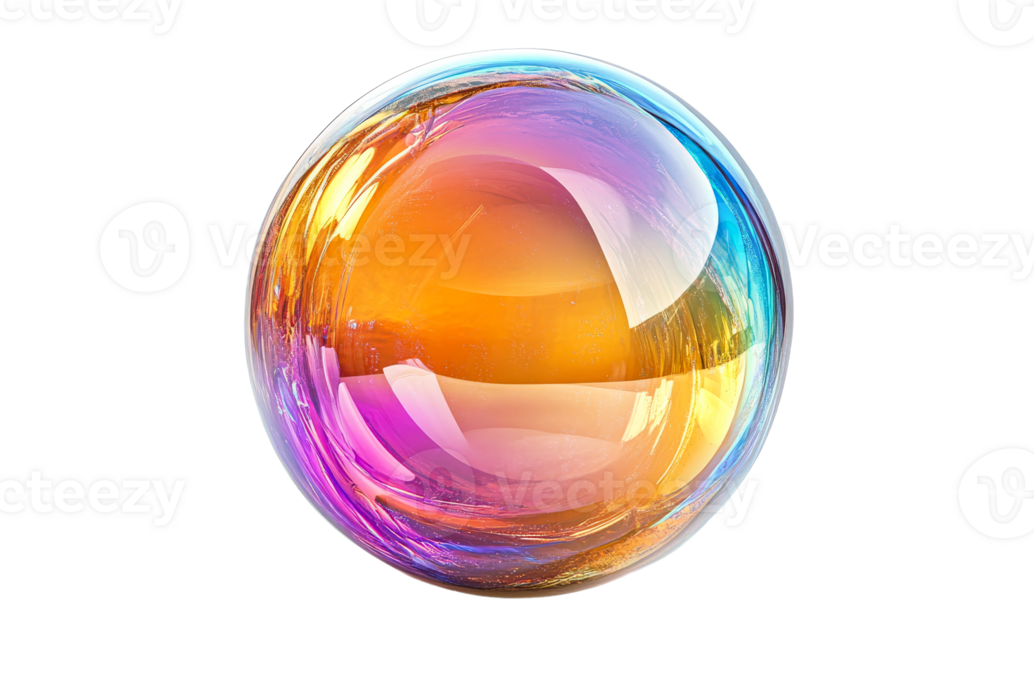 Iridescent sphere with colorful swirls and reflections, cut out transparent png