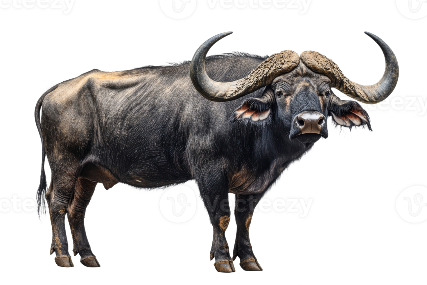 African buffalo portrait with powerful horns, cut out transparent png