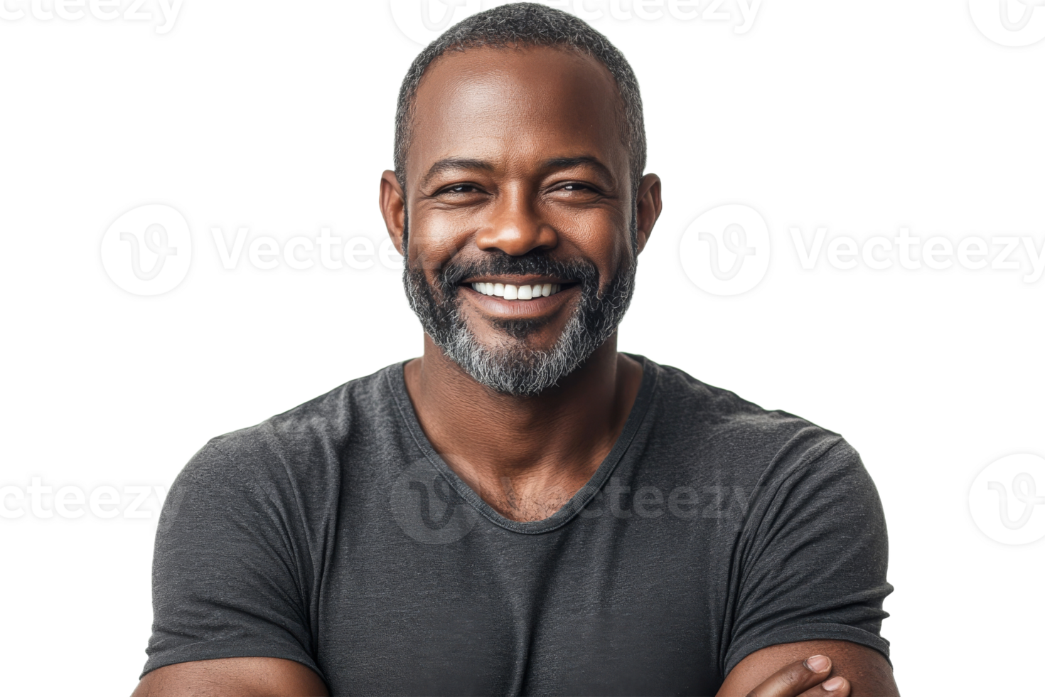 Smiling mature man with beard and grey hair, happy expression, cut out transparent png