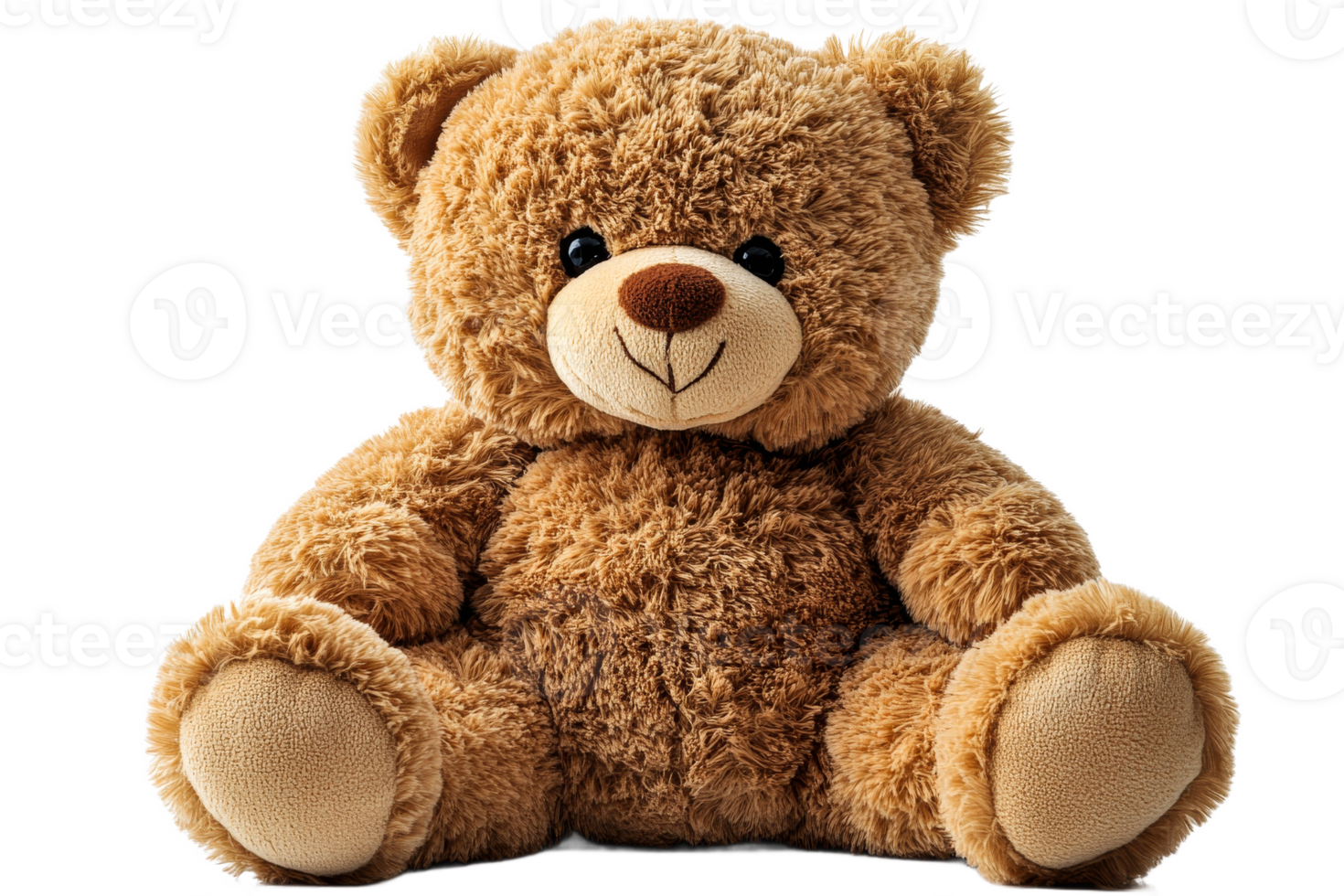 Plush teddy bear sitting upright, soft texture, brown, cute, cut out transparent png