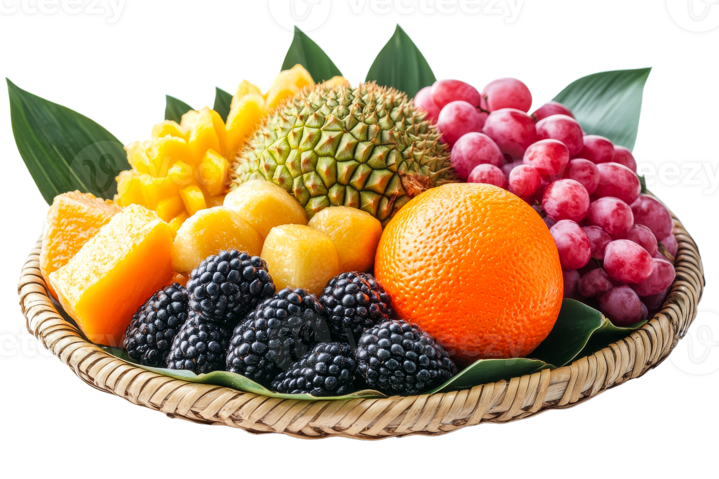 Fruit basket with grapes, orange, mango, blackberries, durian, cut out transparent png