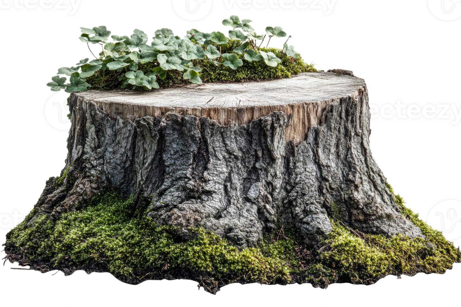 Mossy tree stump in forest, weathered wood texture detail, cut out transparent png