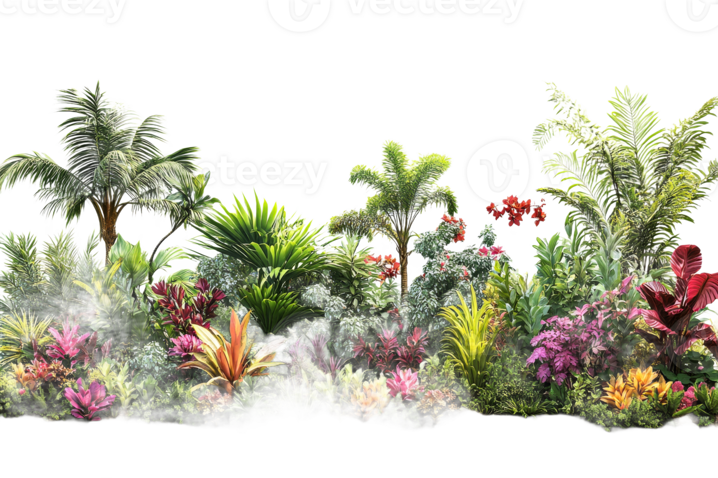 Lush tropical plants and flowers arrangement, botanical beauty, cut out transparent png