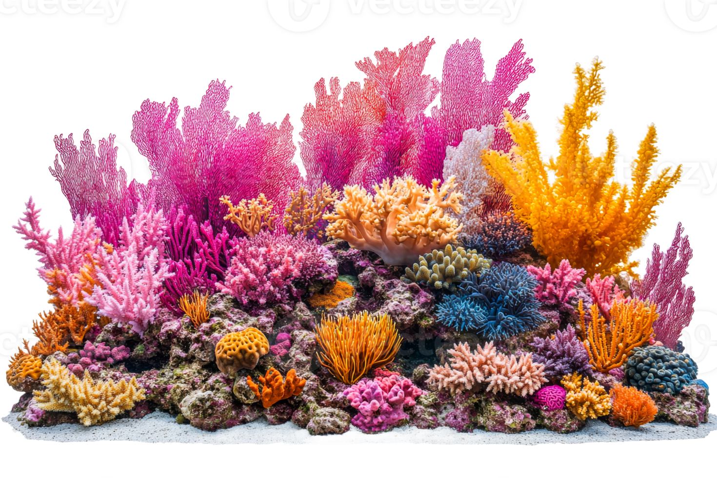 Vibrant coral reef ecosystem with diverse marine life, cut out transparent png