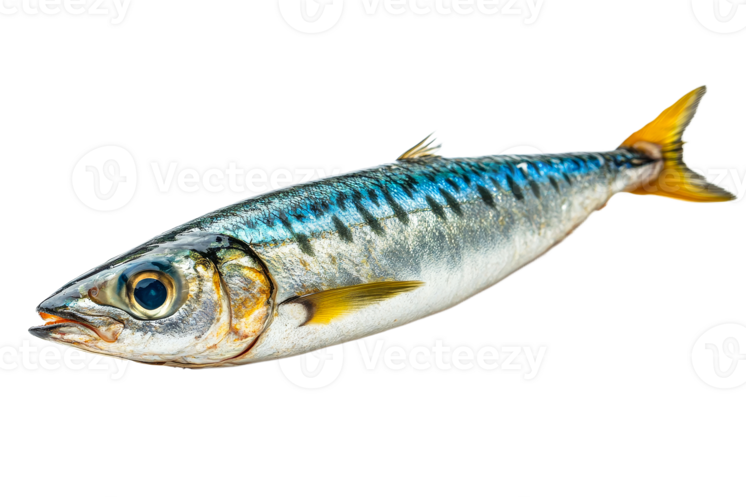Fresh mackerel fish with iridescent skin, golden fins, cut out transparent png