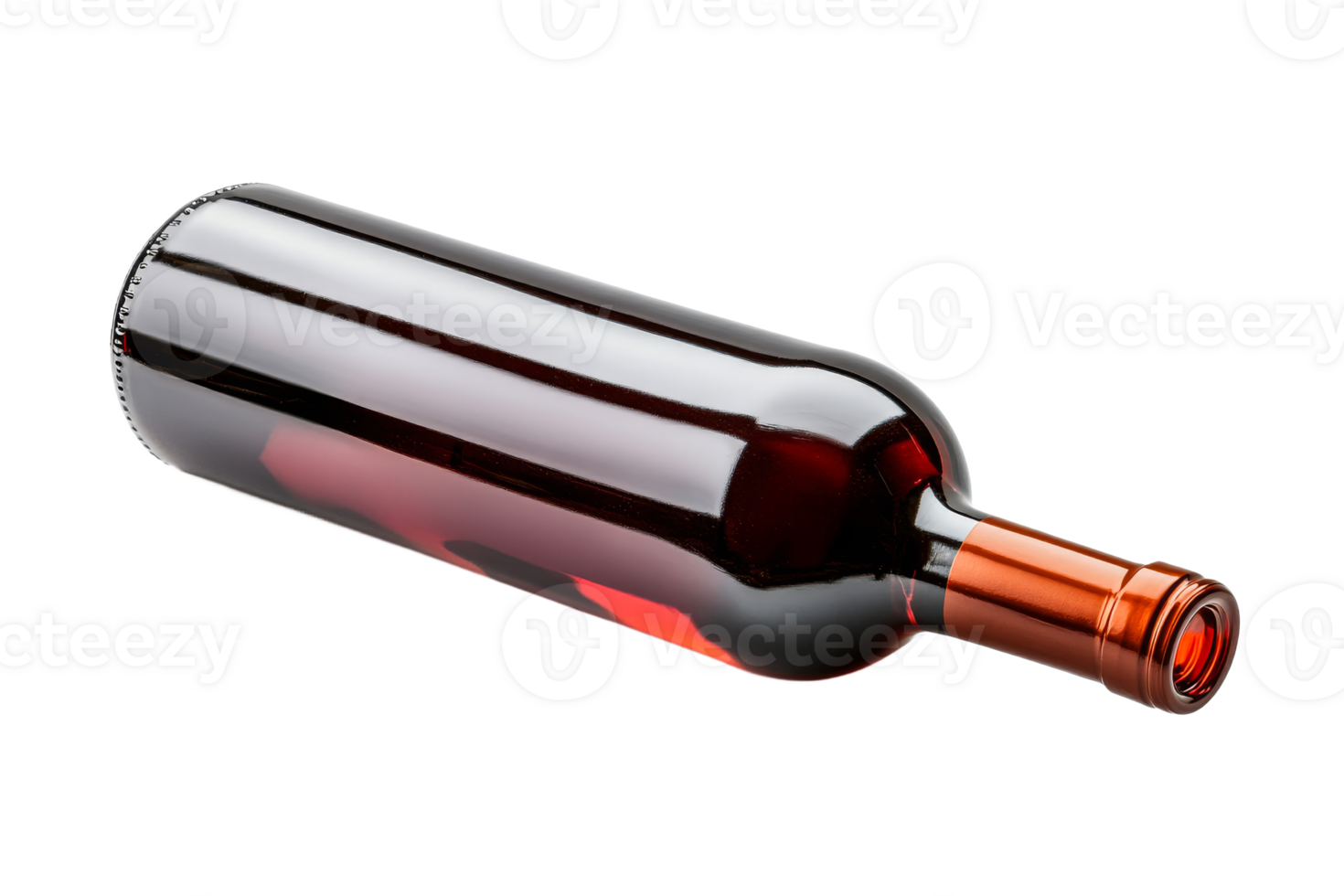 Lying dark wine bottle, alcoholic drink on black background, cut out transparent png