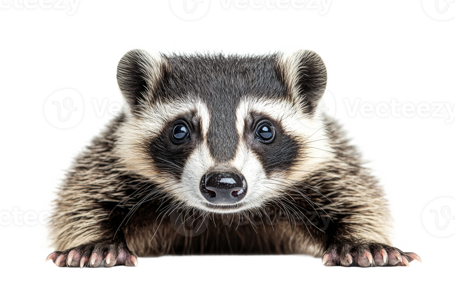 Raccoon posing with front paws at eye level, close up portrait, cut out transparent png