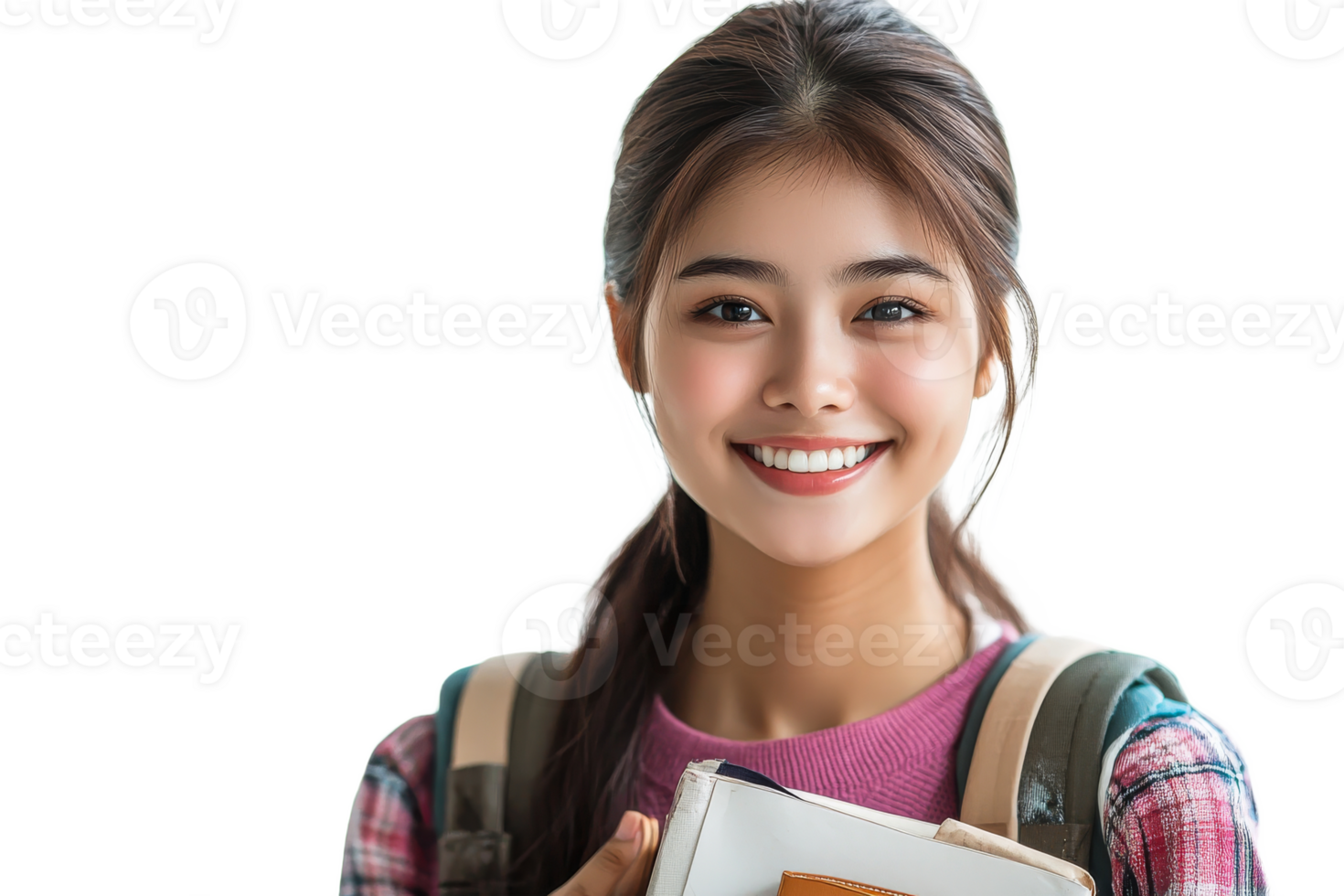 Smiling young woman student holding books, cut out transparent png