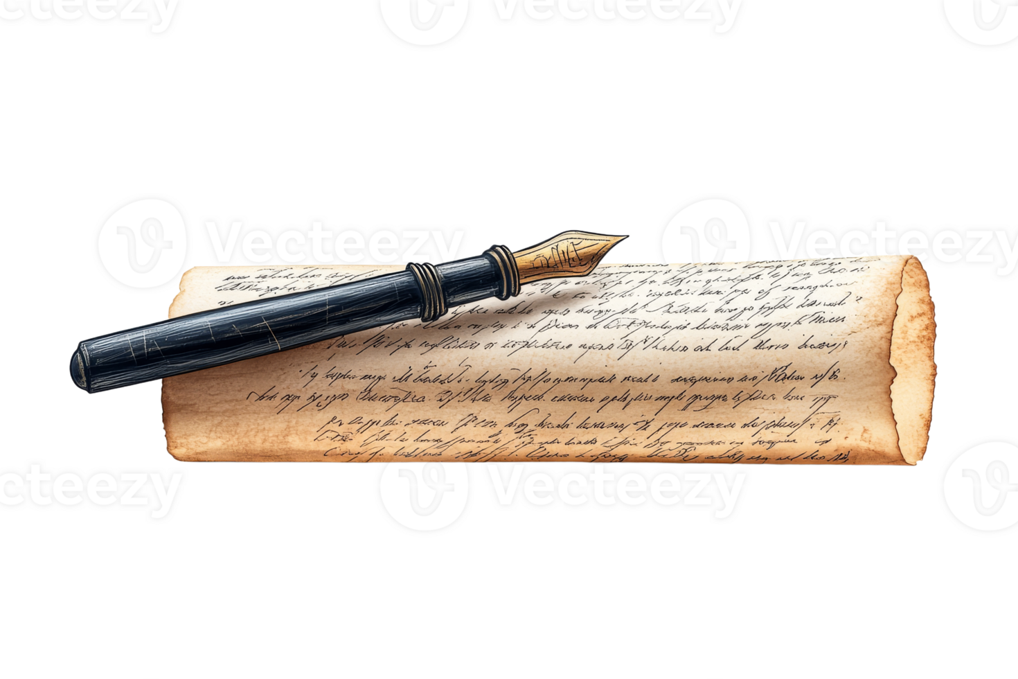 Antique Pen with Document on Black Background, cut out transparent png