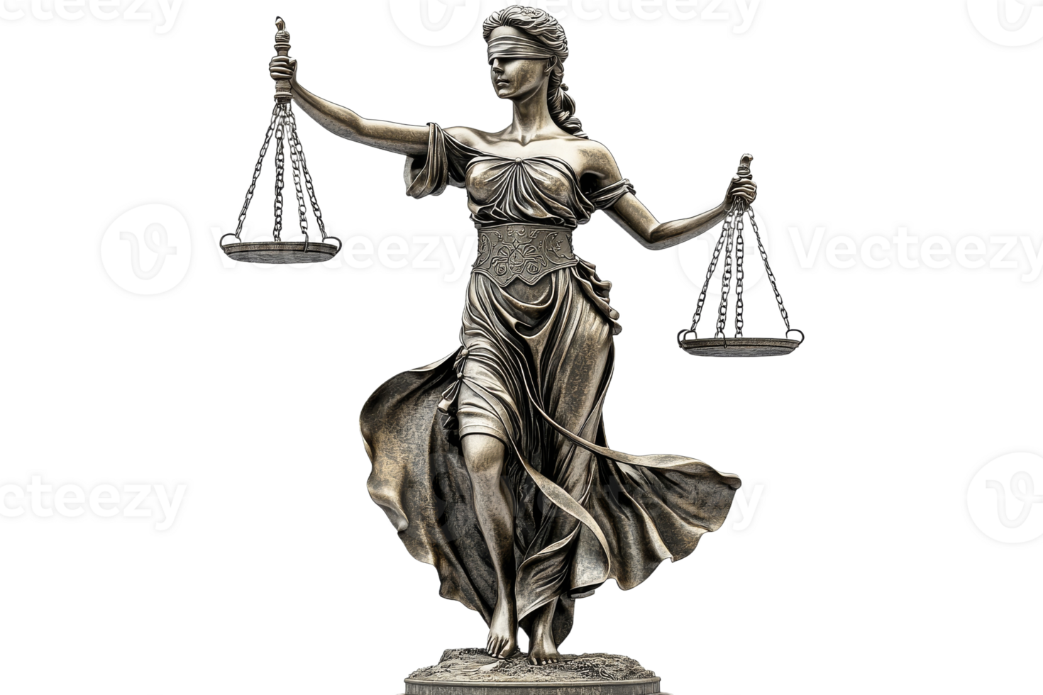 Lady Justice statue symbolizing law and order, blindfolded, cut out transparent png