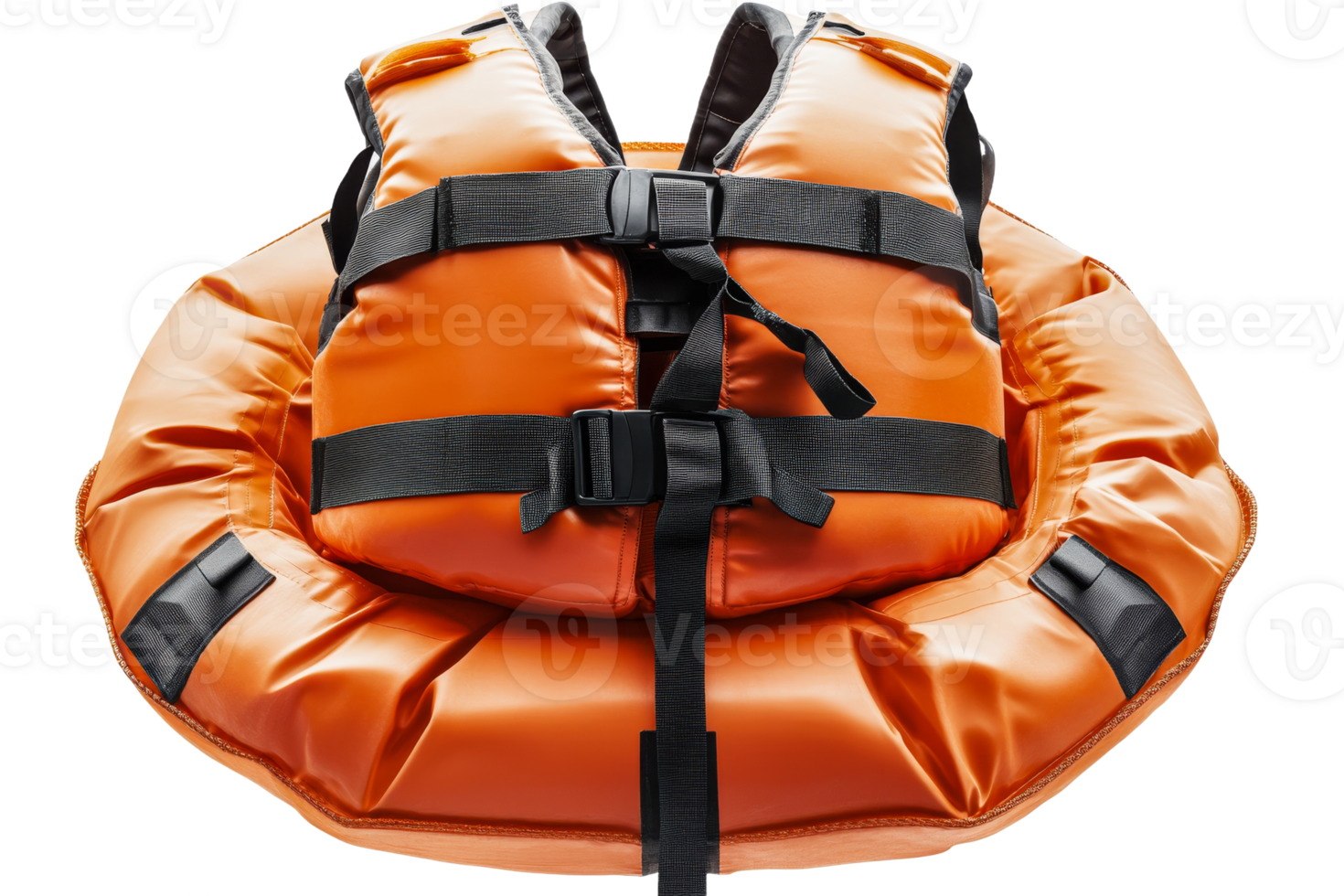 Orange life jacket and ring for marine safety, equipment, cut out transparent png