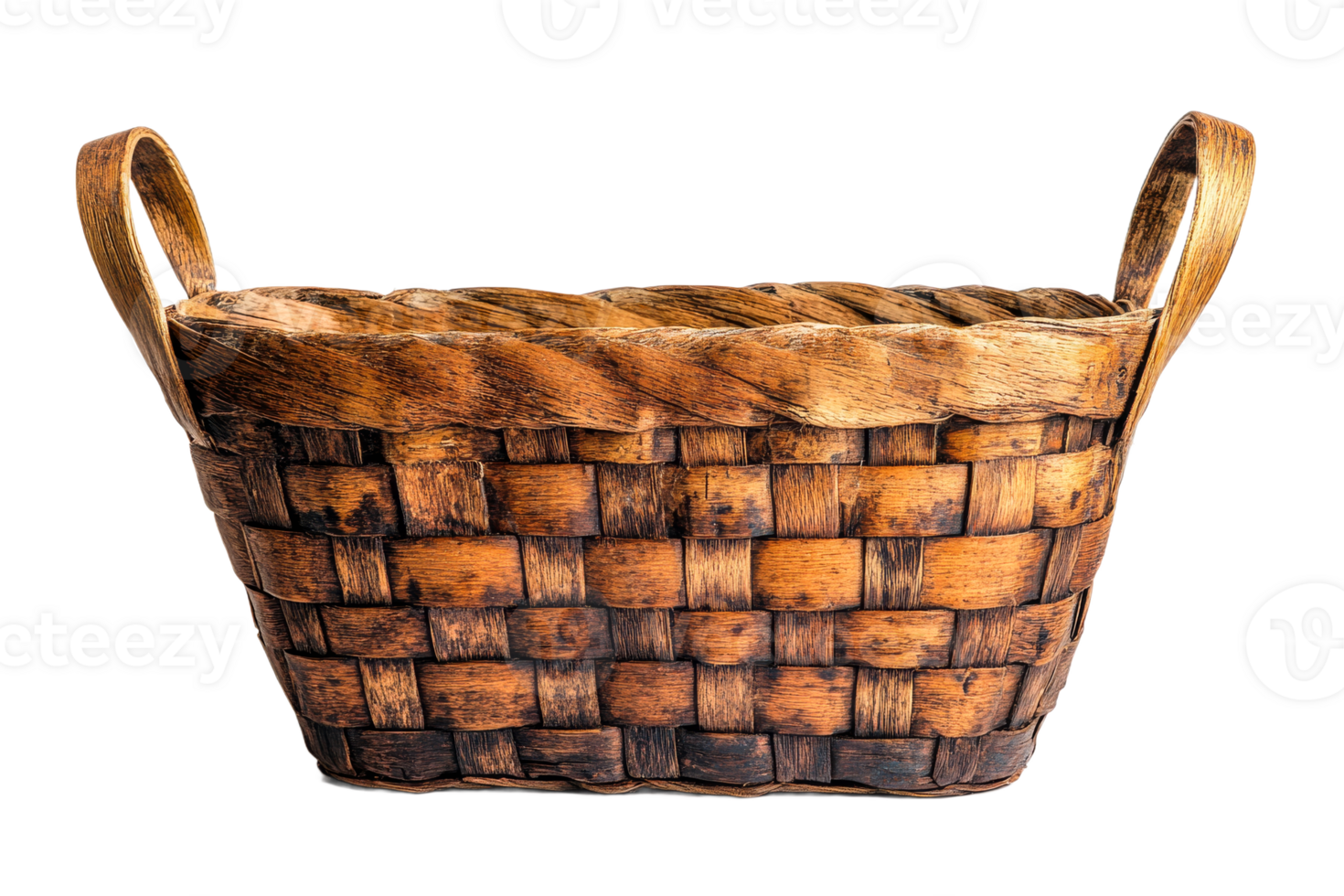 Woven basket with wood handles, rustic design, traditional craft, cut out transparent png