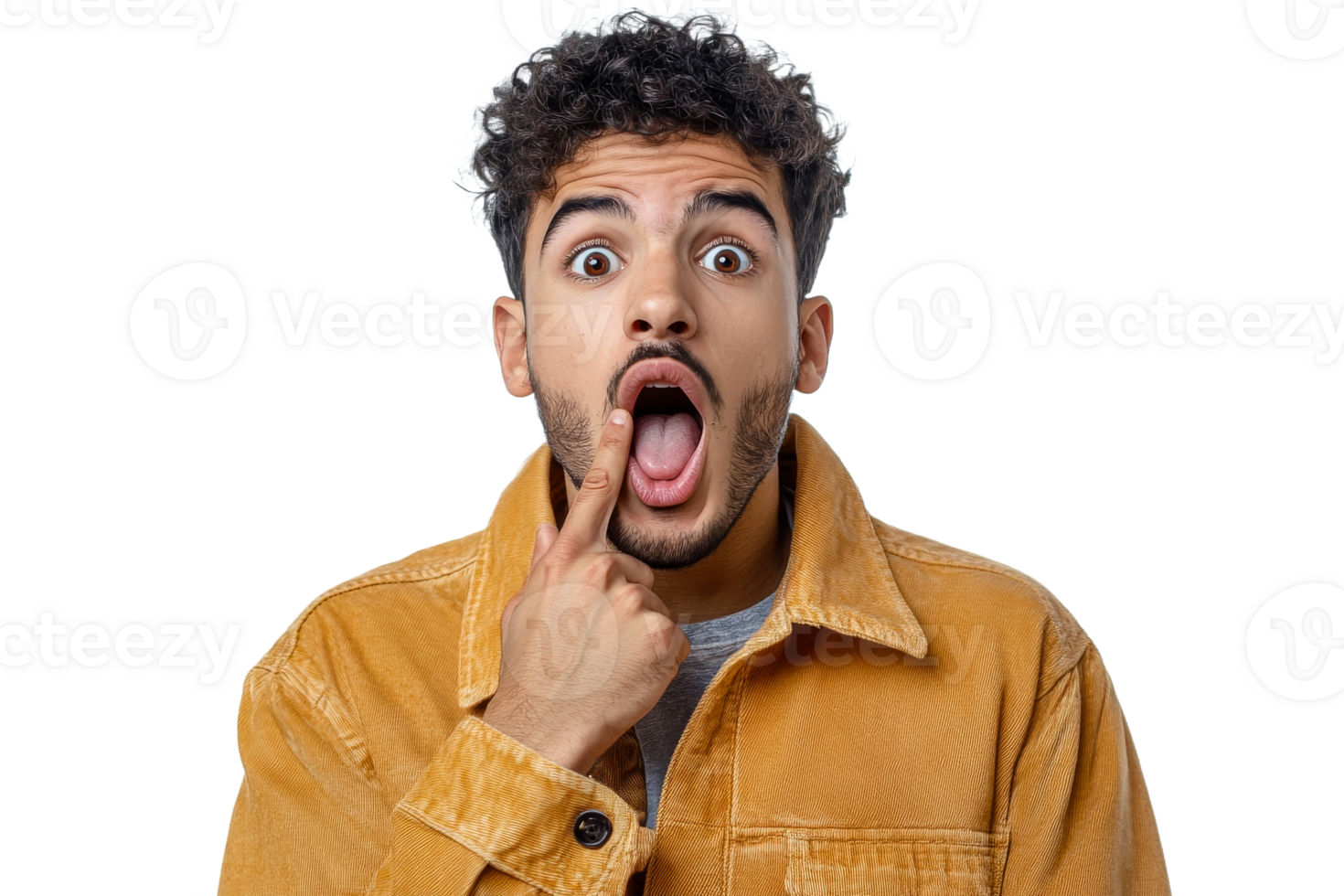 Surprised man showing with finger in open mouth, cut out transparent png