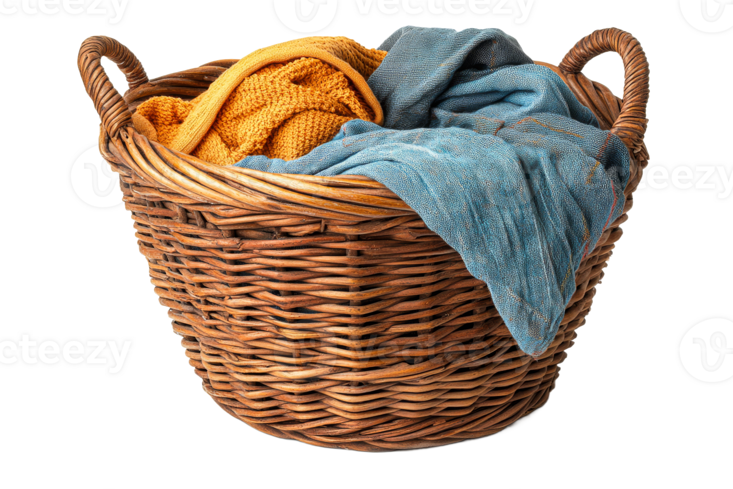 Wicker basket with cozy textiles in yellow and blue tones, cut out transparent png