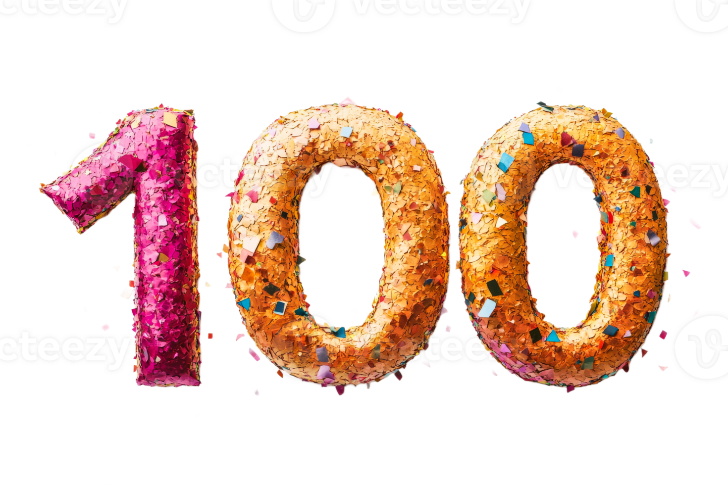 Shiny number one hundred with pink and gold confetti, cut out transparent png
