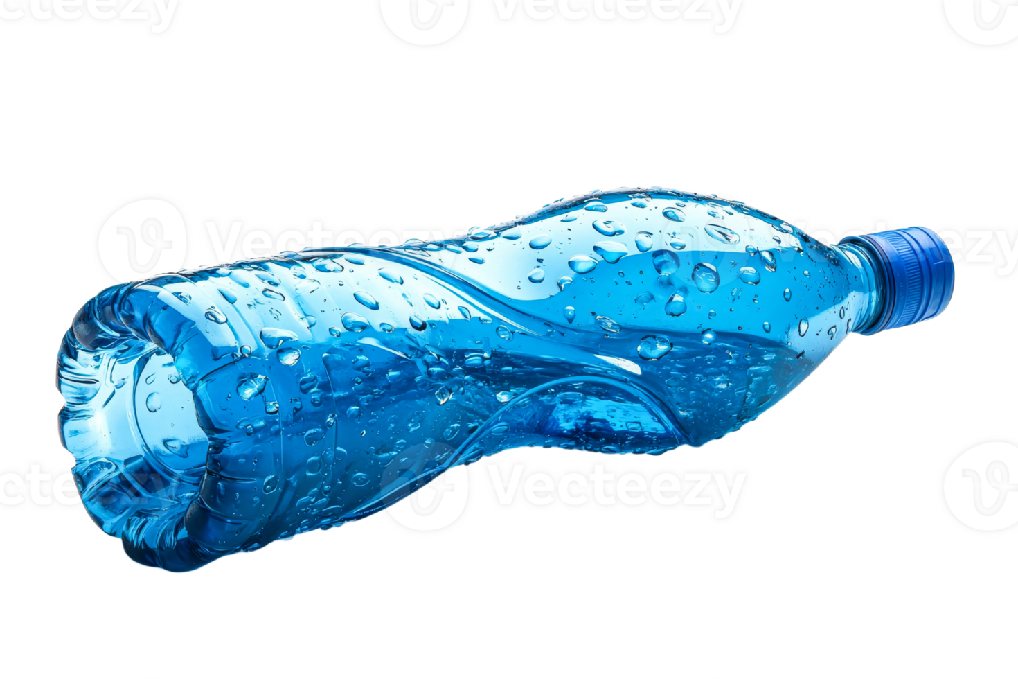 Blue bottle water with drops condensate on black background, cut out transparent png