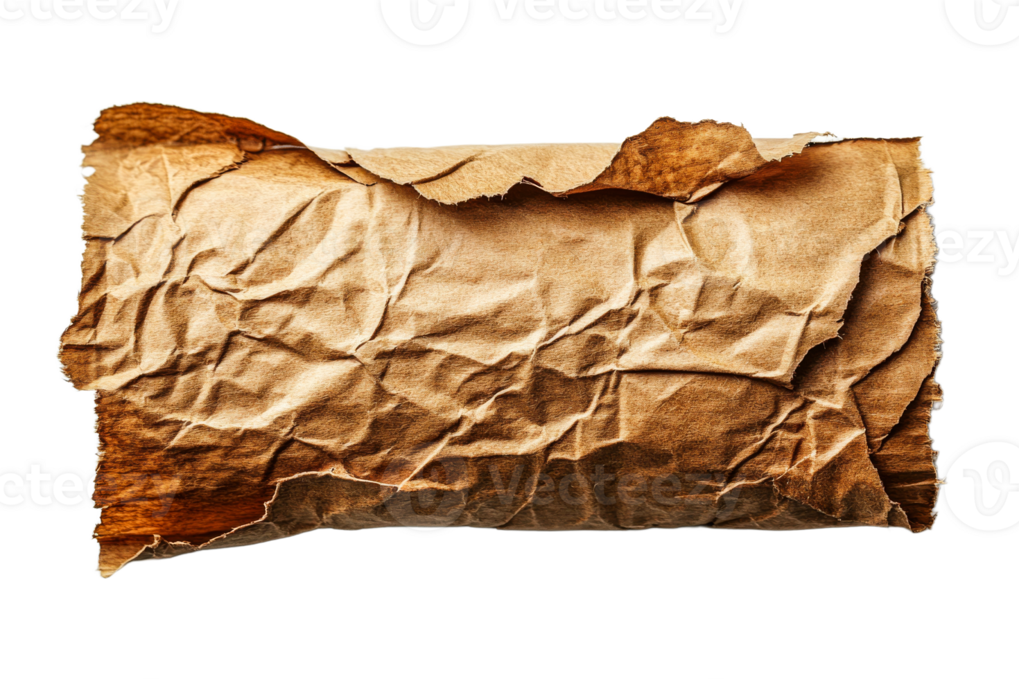 Crumpled old paper sheet, torn edges, texture and brown colors, cut out transparent png
