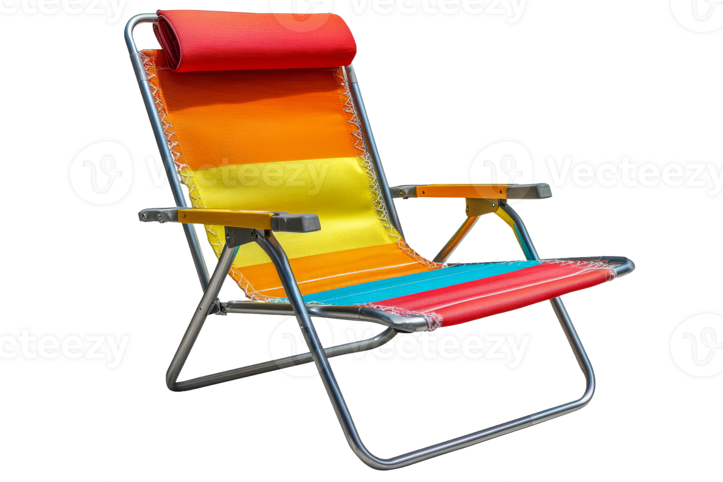 Colorful striped beach chair with headrest, isolated object, cut out transparent png