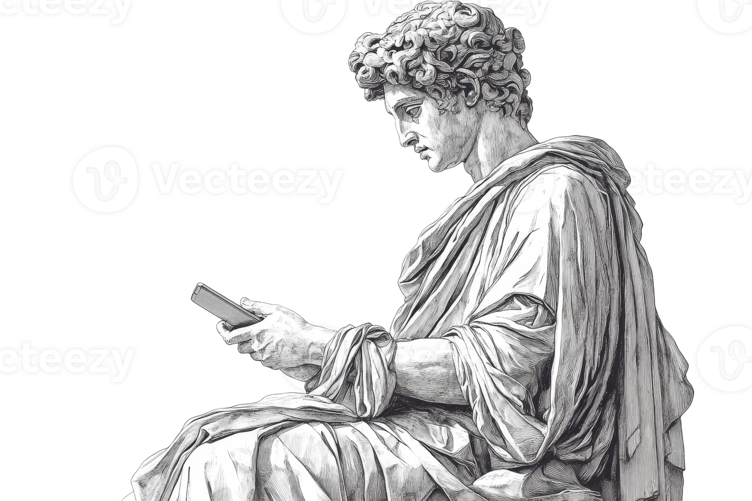 Statue scrolls phone, ancient technology blend, monochrome style, cut out transparent png