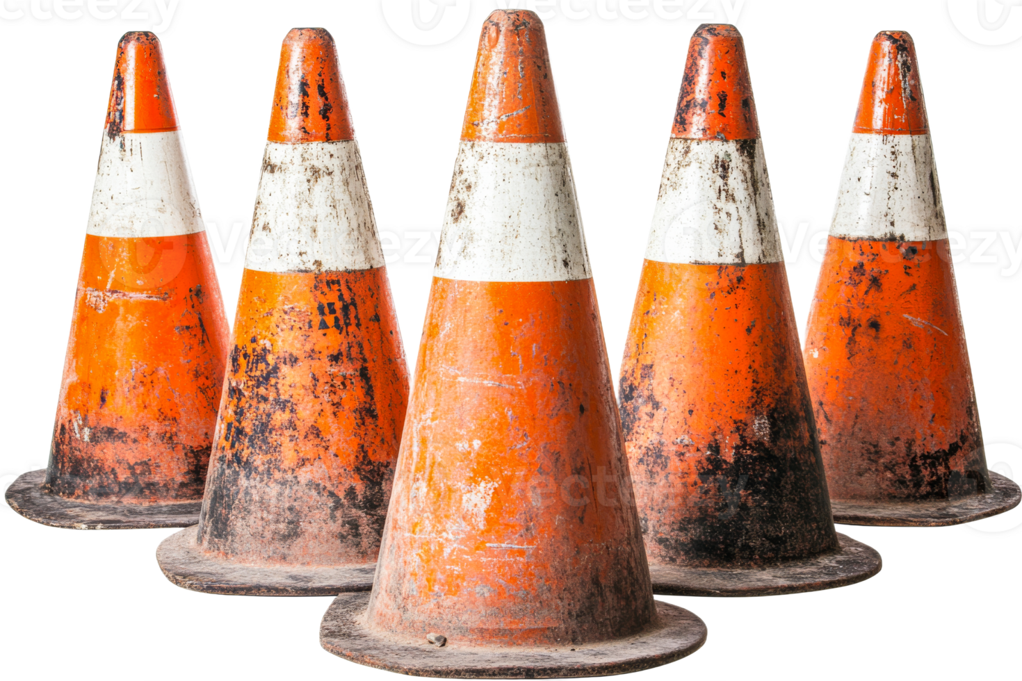 Array of orange traffic cones, cut out transparent png