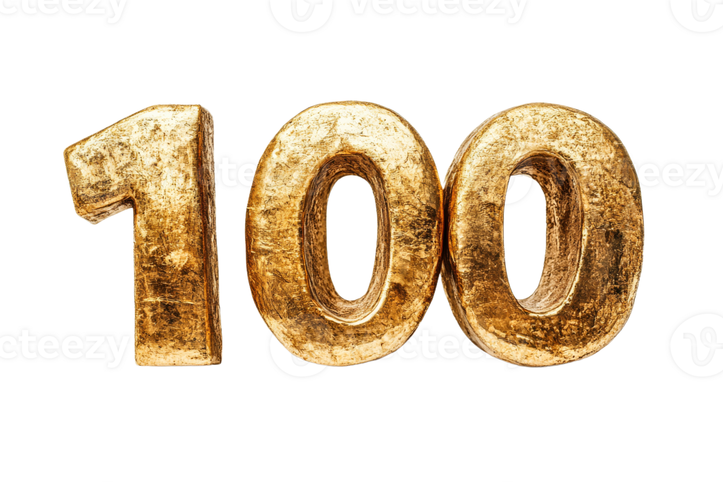 Number one hundred with golden grunge surface, cut out transparent png