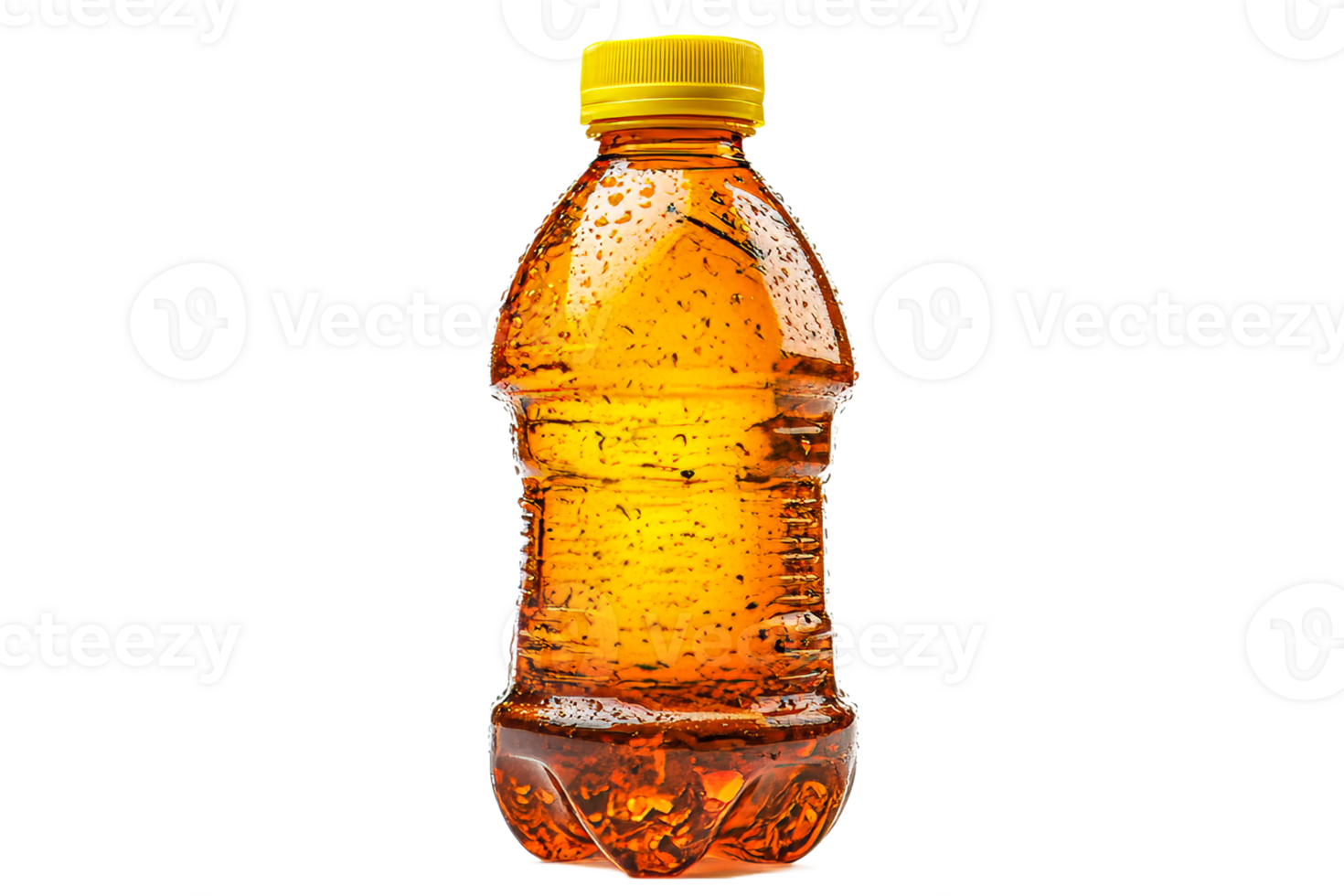 Orange liquid in a bottle with yellow cap, wet condensation, cut out transparent png