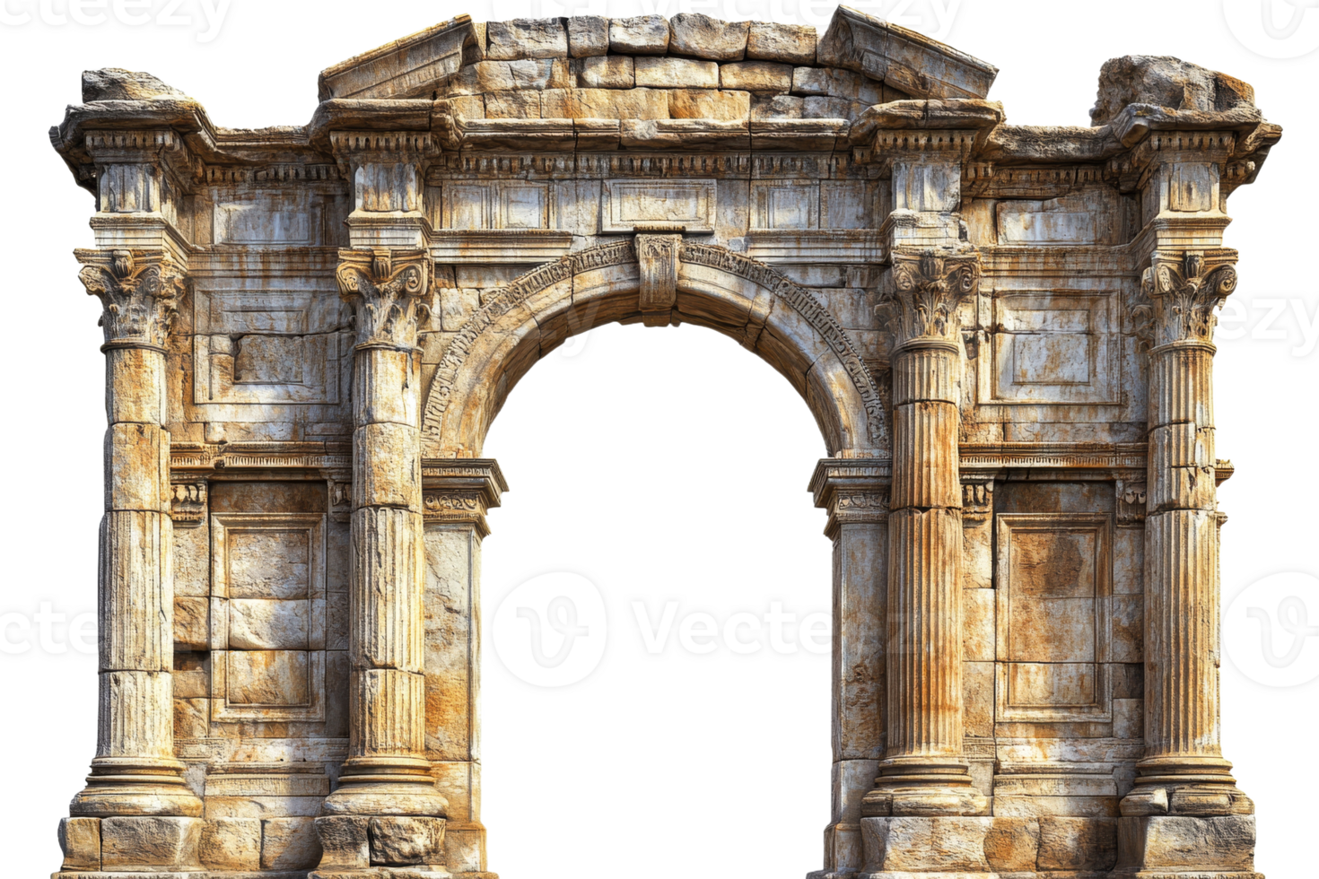 Elaborate stone archway with pillars against dark backdrop, cut out transparent png